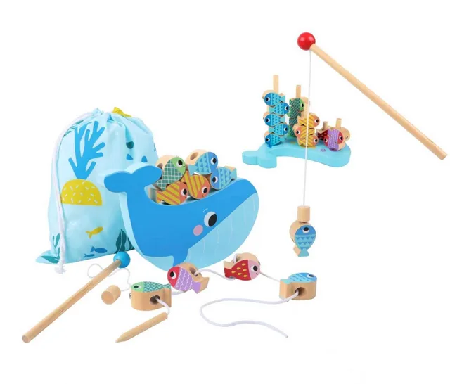 2Kids Toys Motorická hra 3v1 Velryba – rybaření, navlékání, třídění, cert. dřevo, 3+