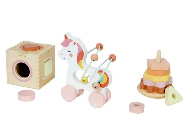 2Kids Toys Motorické hračky 3v1 Unicorn – vkládačka, pyramida, labyrint, 12m+