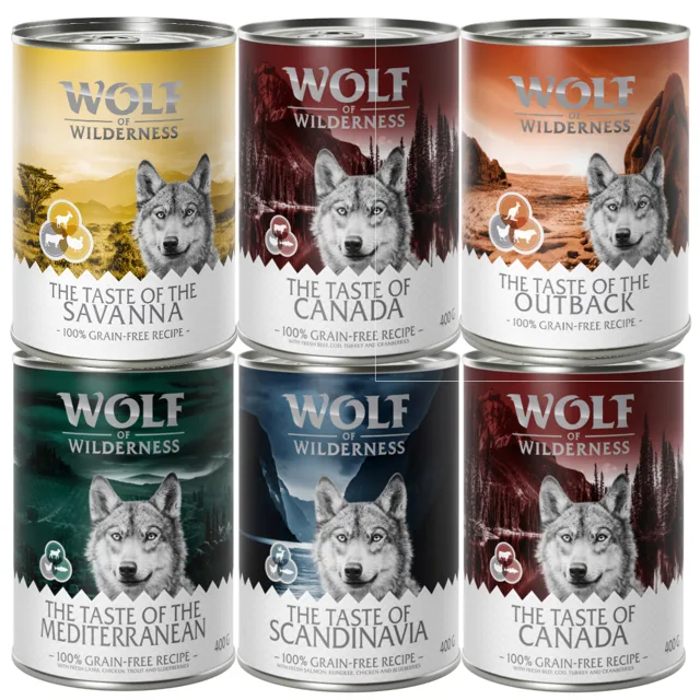 6 x 400 g míchaná balení - Wolf of Wilderness - 6 x 400 g: 4x kachní & telecí, 2x kuřecí & losos