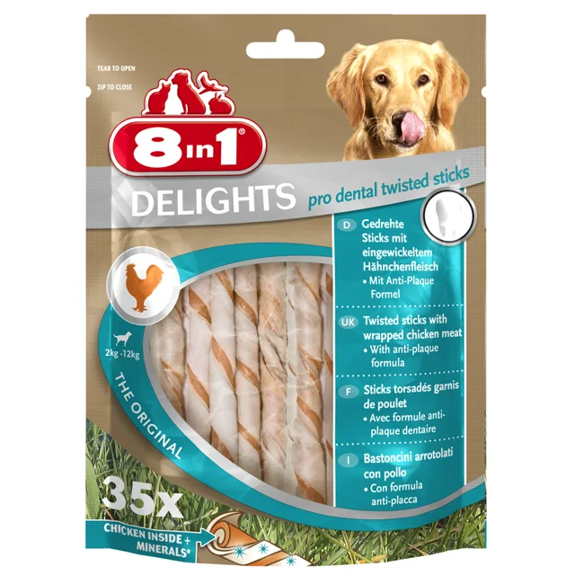 8in1 Delights Pro Dental Twisted tyčinky, kuřecí - 2 x 190 g (35 ks)