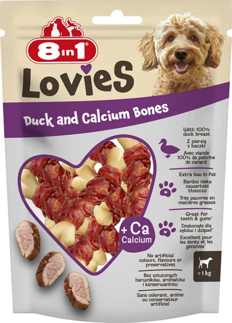 8IN1 Lovies Duck &amp; Calcium Bones 80g pamlsek pro psa kostky vápníkové a maso z kachny