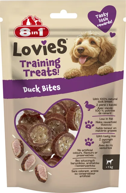 8IN1 Lovies Training Treats Duck Bites 90g tréninková pochoutka pro psa s kachnou a rýží