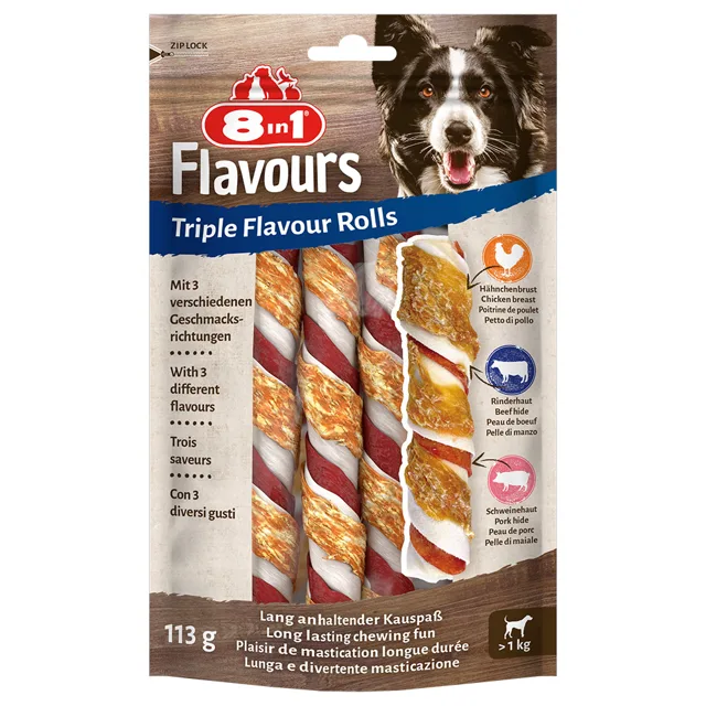 8in1 Triple Flavour Rolls žvýkací tyčinky - 3 x 3 kusy
