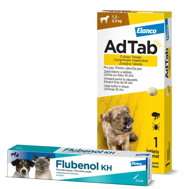 Adtab 56mg žvýkací tablety pro psy 1.3-2.5kg 1ks + Flubenol Kh 44mg/ml perorální pasta 7.5ml
