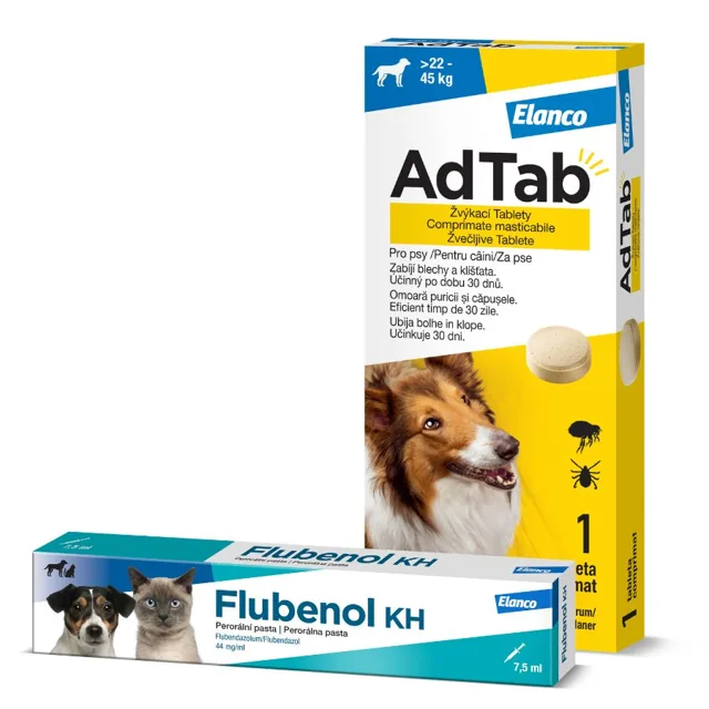 Adtab 900mg žvýkací tablety pro psy >22-45kg 1ks + Flubenol Kh 44mg/ml perorální pasta 7.5ml