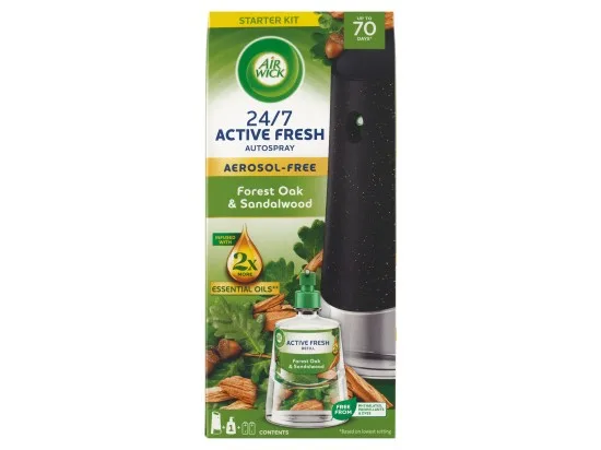 Air Wick Active Fresh automatický difuzér a náplň na vodní bázi dub a santalové dřevo 228 ml