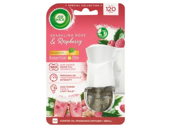Air Wick Essential Oils elektrický osvěžovač vzduchu strojek a náplň růžový sekt a maliny 19 ml
