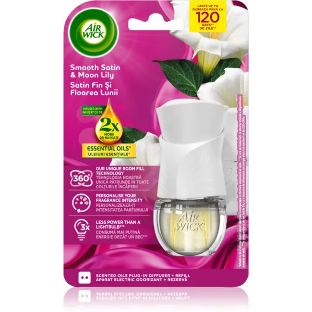 Air Wick Essential Oils Jemný satén a měsíční lilie elektrický osvěžovač vzduchu s náplní 19 ml