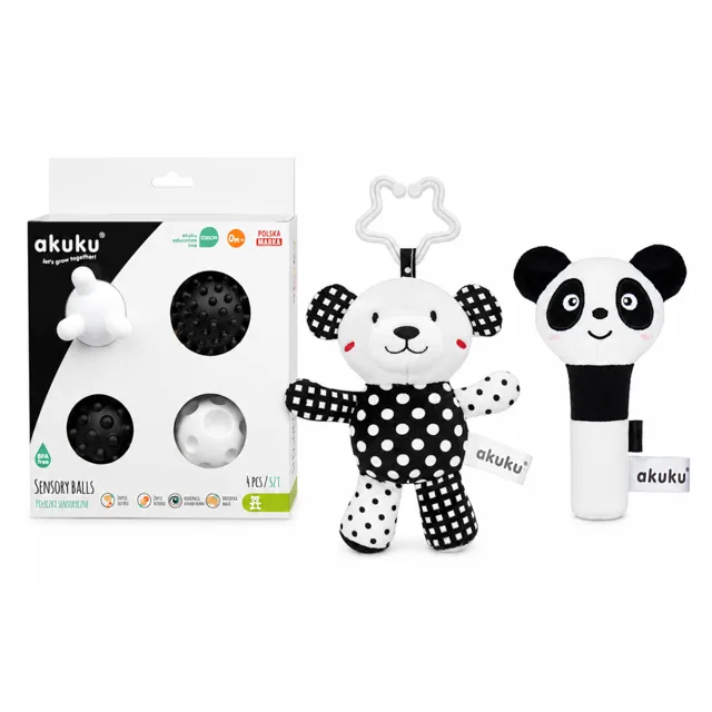Akuku Sada kontrastních hraček Panda, Medvídek, senzorické balónky
