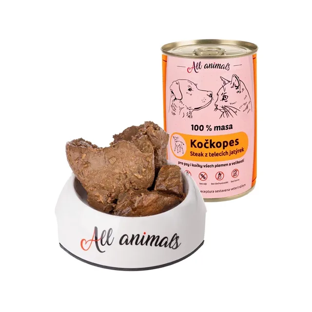 ALL ANIMALS Kočkopes telecí játra steak konzerva pro psy a kočky 400 g