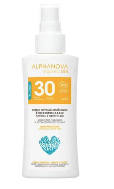 Alphanova cestovní opalovací krém ve spreji SPF 30, BIO, 90 g