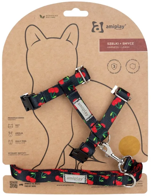 Amiplay Kšíry pro kočku s vodítkem BeHappyCat Cherry | Postroje pro kočky | P58952