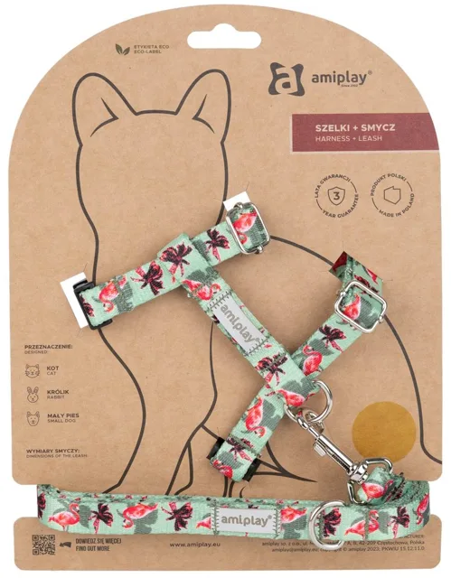 Amiplay Kšíry pro kočku s vodítkem BeHappyCat Flamingo | Postroje pro kočky - M | P58713