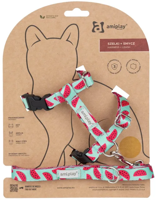 Amiplay Kšíry pro kočku s vodítkem BeHappyCat Watermelon - S | P58718