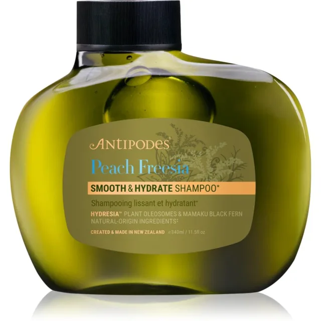 Antipodes Peach Freesia Smooth & Hydrate hydratační šampon pro uhlazení a výživu suchých a nepoddajných vlasů 340 ml