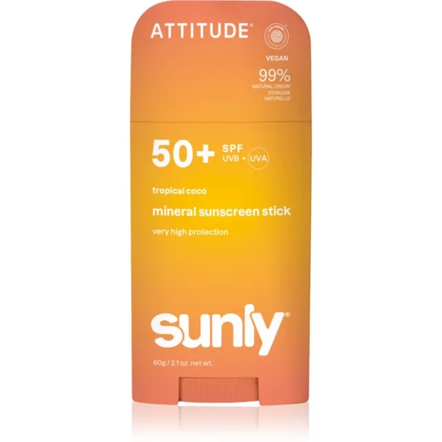 Attitude Sunly Tropical Coco minerální ochranný krém na obličej a tělo v tyčince SPF 50+ 60 g