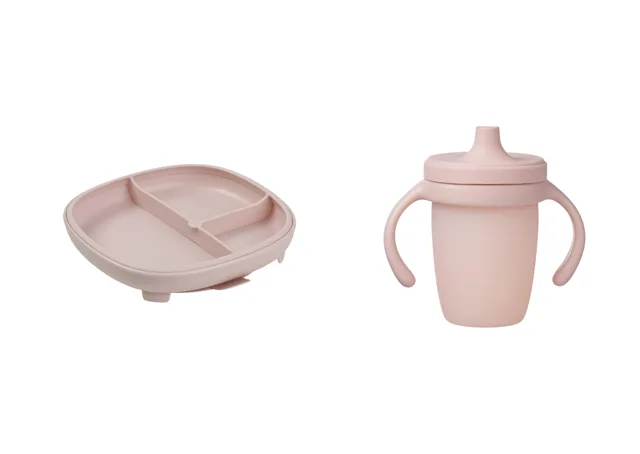 B.BOX Dělený talířek s přísavkou + silikonový hrneček s pítkem 240 ml - set růžový
