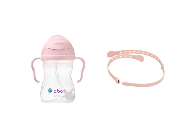 B.BOX Hrneček s brčkem 240 ml + Univerzální silikonový pásek - set růžový