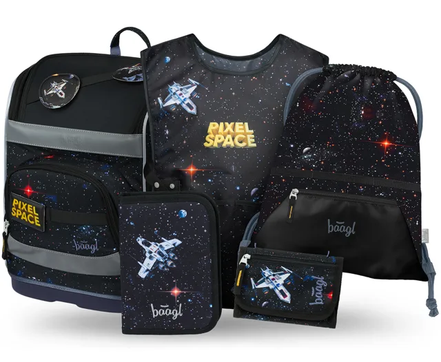 Baagl SET 5 Zippy Plus Pixel Space: aktovka, penál, sáček, zástěra, peněženka