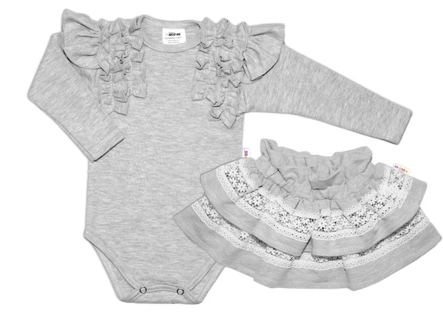 Baby Nellys 2-dílná sada, body dl.rukáv + suknička s krajkou a volánky, šedá