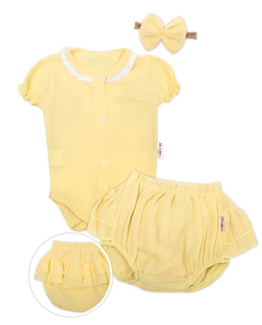 Baby Nellys 3-dílná mušelínová soupravička, body, kraťasky + čelenka GIRL, žlutá vel.  74