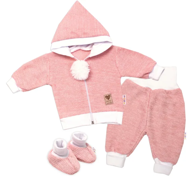 Baby Nellys 3D sada Hand made, kabátek, kalhoty, botičky, růžová,62