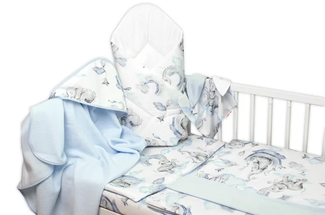 Baby Nellys 6-ti dílná výhod. sada s dárkem pro miminko , 120x90 Slon a duha, modrá/bílá