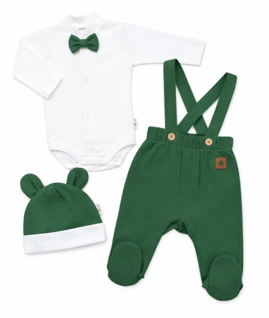 Baby Nellys Bavlněná souprava Gentleman 3D, body, polodupačky, čepička, tm. zelená, 62