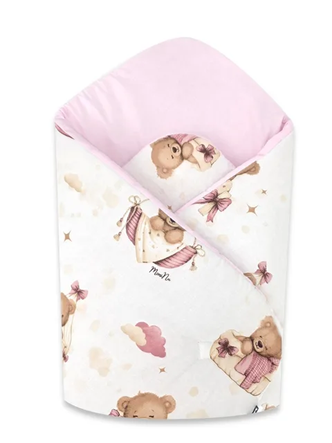Baby Nellys Bavlněná zavinovačka pro miminka 75×75 cm – měkká, na suchý zip, Medvídci růžoví