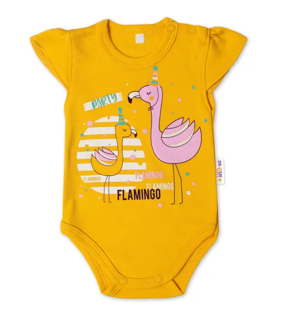 Baby Nellys Bavlněné kojenecké body, kr. rukáv, Flamingo - hořčicové, vel. 74