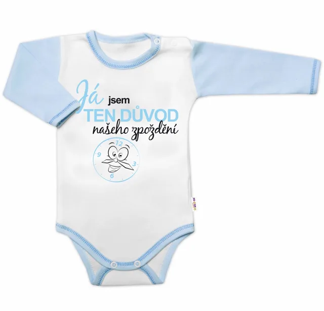 Baby Nellys Body dl. rukáv s vtip. textem , Já jsem TEN DŮVOD našeho zpoždění, vel. 74 kluk vel.  74 kluk