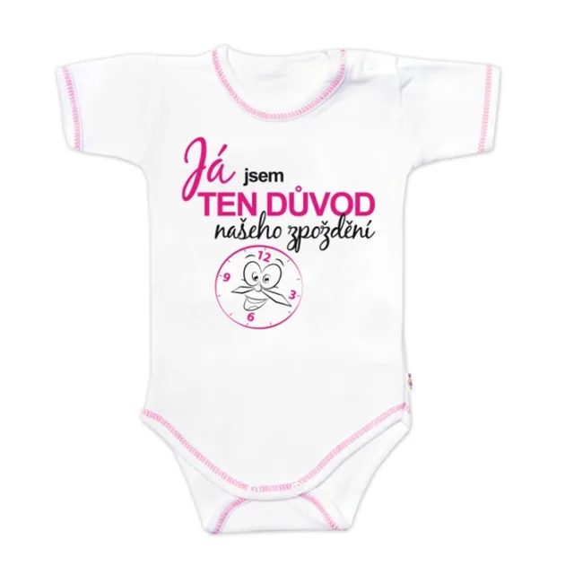 Baby Nellys Body krátký rukáv s vtipným textem , Já jsem TEN DŮVOD našeho zpoždění, Vel. 56