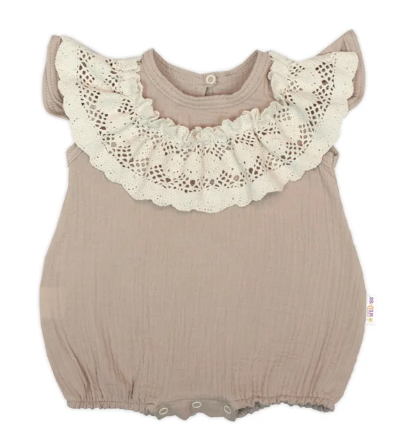Baby Nellys Body s nohavičkami, mušelín s krajkou BOHO - béžové, vel. 68