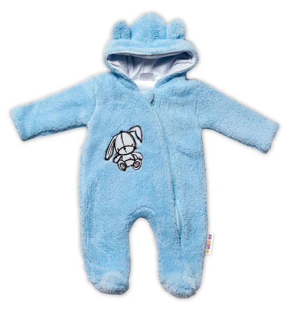 Baby Nellys Chlupáčkový overálek s kapucí, Cute Bunny - modrý, vel. 68 vel.  68