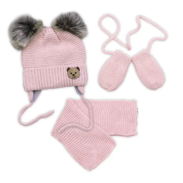Baby Nellys Dětská sada, zimní čepice s šálou + rukavičky 3D, Teddy Bear - pudrově růžová