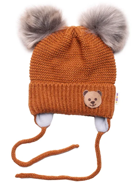 Baby Nellys Dětská zimní čepice s fleecem Teddy Bear - chlupáčk. bambulky - hnědá, šedá,
