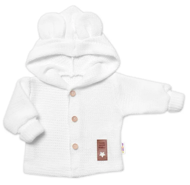 Baby Nellys Dětský elegantní pletený svetřík s knoflíčky a kapucí s oušky , bíly