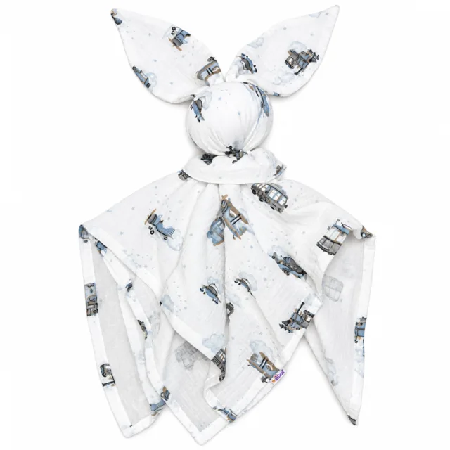Baby Nellys Mušelínová plenka, mazlíček, přítulníček Baby Nellys Bunny, Vláčci, modrá, ecru