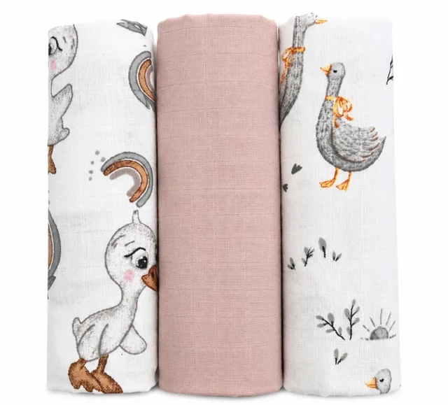 Baby Nellys Mušelínové pleny 3ks DELUX - Kačenka  60 x 80 cm, bílá, pudrově růžová