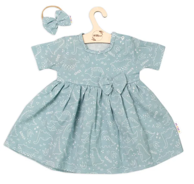 Baby Nellys Mušelínové šatičky + čelenka 2-dílná sada Dino,  mátové vel.  98