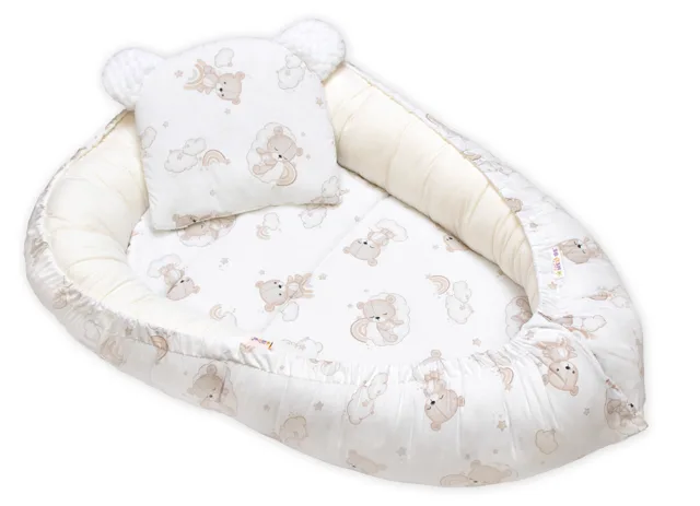 Baby Nellys Oboustranné hnízdečko, podložka + polštářek 3D, Bavlna, Malý medvídek, bílé