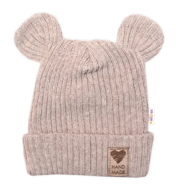 Baby Nellys Pletená bavlněná čepice s oušky, dvouvrstvá, Hand Made  béžová