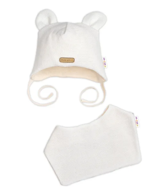 Baby Nellys Pletená čepice s šátkem 2v1, Teddy Hand made - kokosové bílá, 80/86