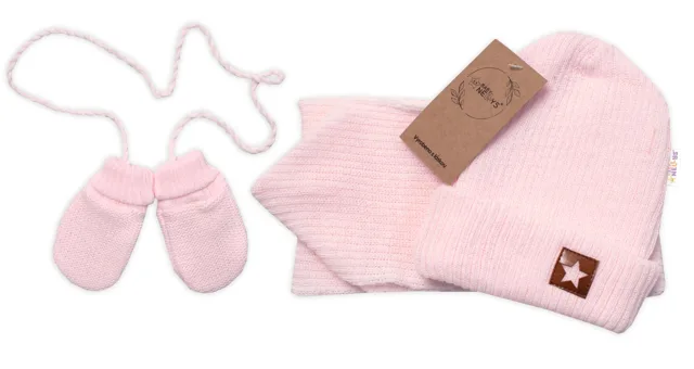 Baby Nellys Pletená čepice,šála a rukavičky 3v1, STAR, růžová, 68/74