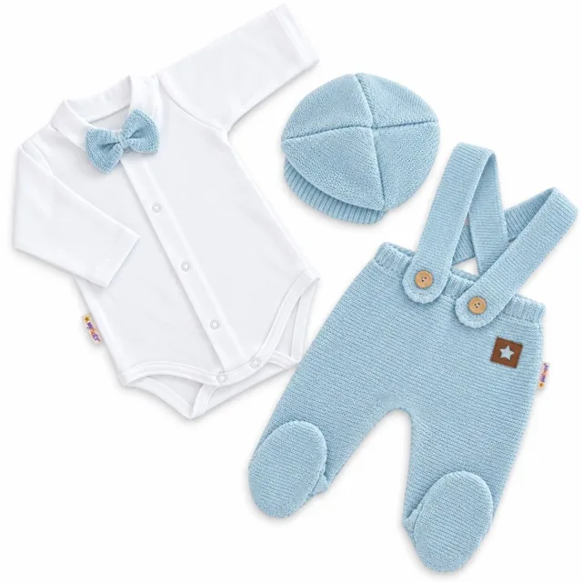 Baby Nellys Pletená souprava Gentleman 3D, body, polodupačky, čepička, sv. modrá, 62