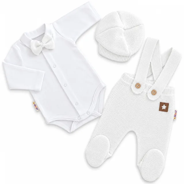 Baby Nellys Pletená souprava Gentleman 3D, body, polodupačky s láclem, čepička, bílá, 62