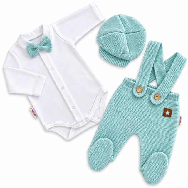 Baby Nellys Pletená souprava Gentleman 3D, body, polodupačky s láclem, čepička, mátová, 62