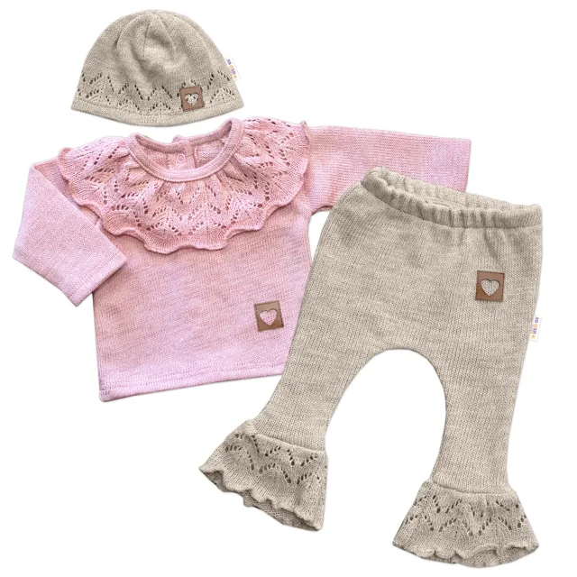 Baby Nellys Pletená soupravička s volánkem Heart,3D,růžová/béžová, 68