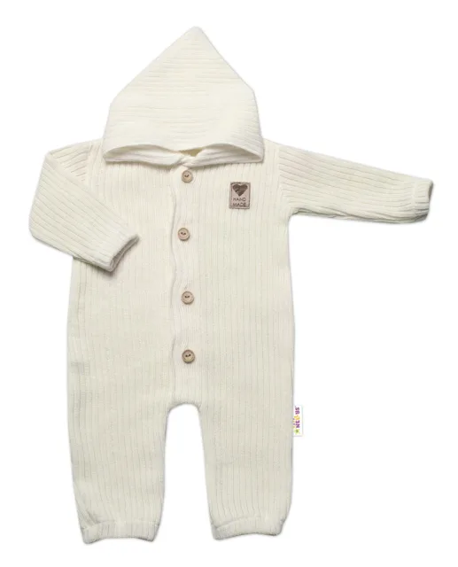 Baby Nellys Pletený overálek s kapucí a knoflíčky Hand Made, ecru, vel. 80/86
