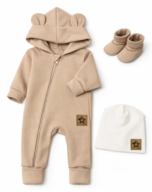 Baby Nellys Rostoucí oteplený overál s čepičkou a botičkami, 3D - béžový